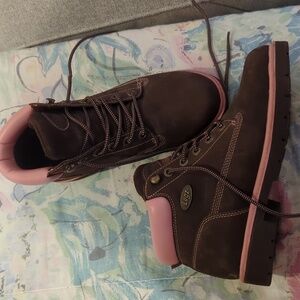 Brown and pink combat style boots